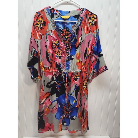 St. John Floral Tunic Dress With Rhinestone Accents Size P Silk Blend - Picture 1 of 15